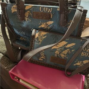 Western-Themed Brown and Blue Tote Bag Set